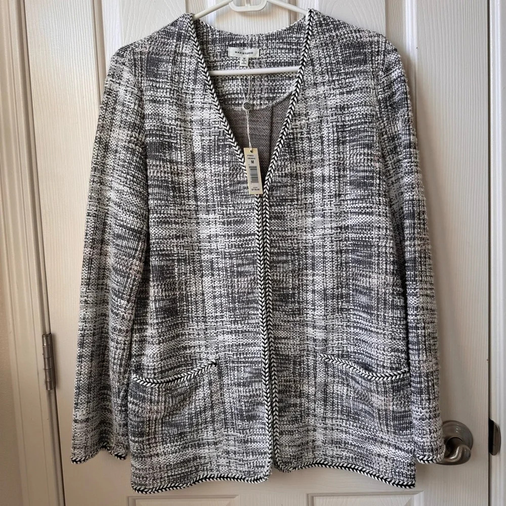 NWT Max Studio Tweed Nautical knit Blazer Sweater cardigan neutral Medium